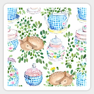 Deer and chinoiserie jars seamless pattern Sticker